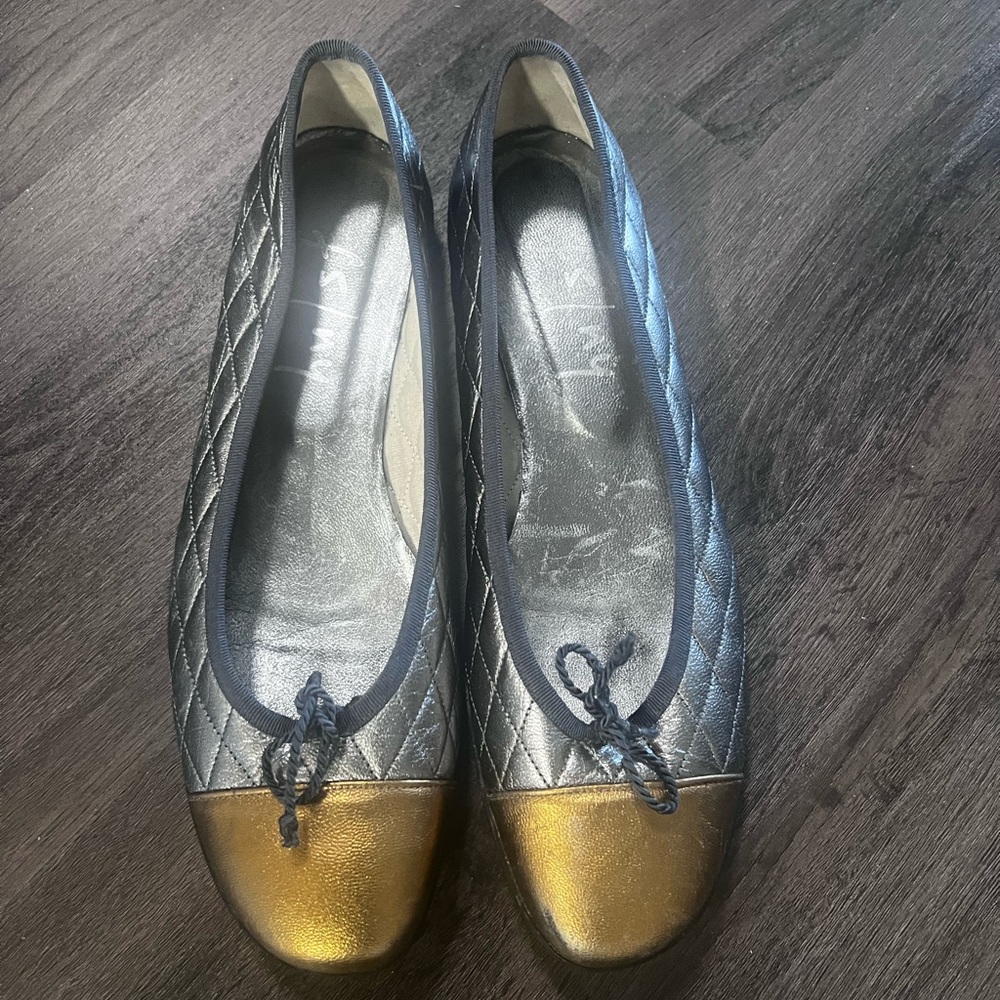 French Sole Silver and Gold Quilted Flats